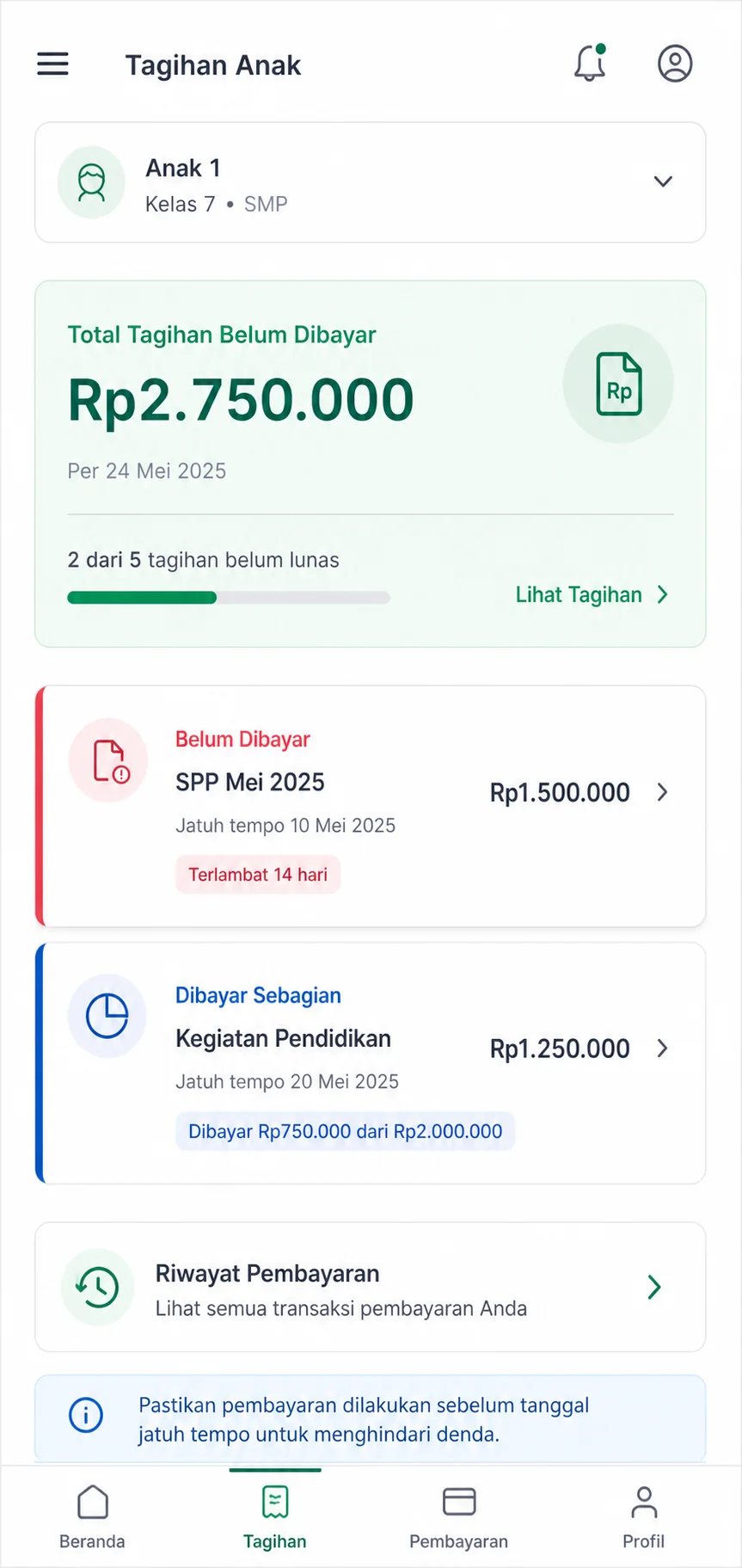 Pratinjau portal tagihan SmartSchool One di ponsel